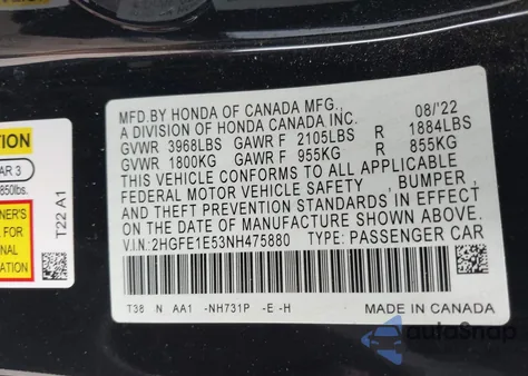 2022 Honda Civic Si Sedan from USA, damaged, VIN 2HGFE1E53NH475880